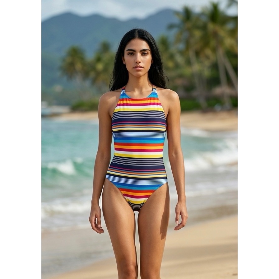 Euc Nautica One Piece Swimsuit Womens Large Multicolor Stripe High Neck